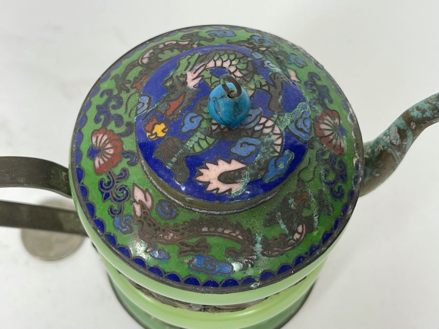Vintage Chinese Dragon Cloisonne Jade Jadeite Teapot 4.5H [Photo 6]