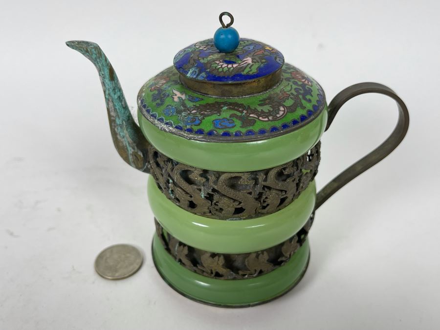 Vintage Chinese Dragon Cloisonne Jade Jadeite Teapot 4.5H [Photo 2]