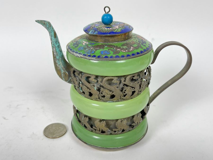 Vintage Chinese Dragon Cloisonne Jade Jadeite Teapot 4.5H [Photo 1]