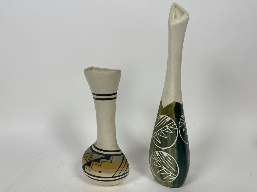 Pair Of Signed Native American Vases - One Signed Nez Navajo 8H Other Signed Black Tail Deer SPRC SD 12H [Photo 1]