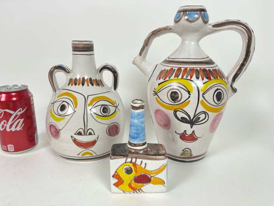 Set Of Three Hand Painted Italian Giovanni DeSimone Art Pottery Pieces Jugs Largest Is 10.5H [Photo 2]