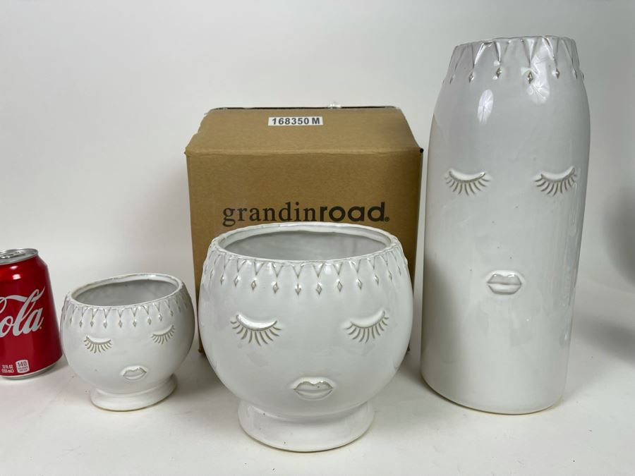 New Set Of Three White Ceramic Face Vases By Grandin Road Tallest Is 12H