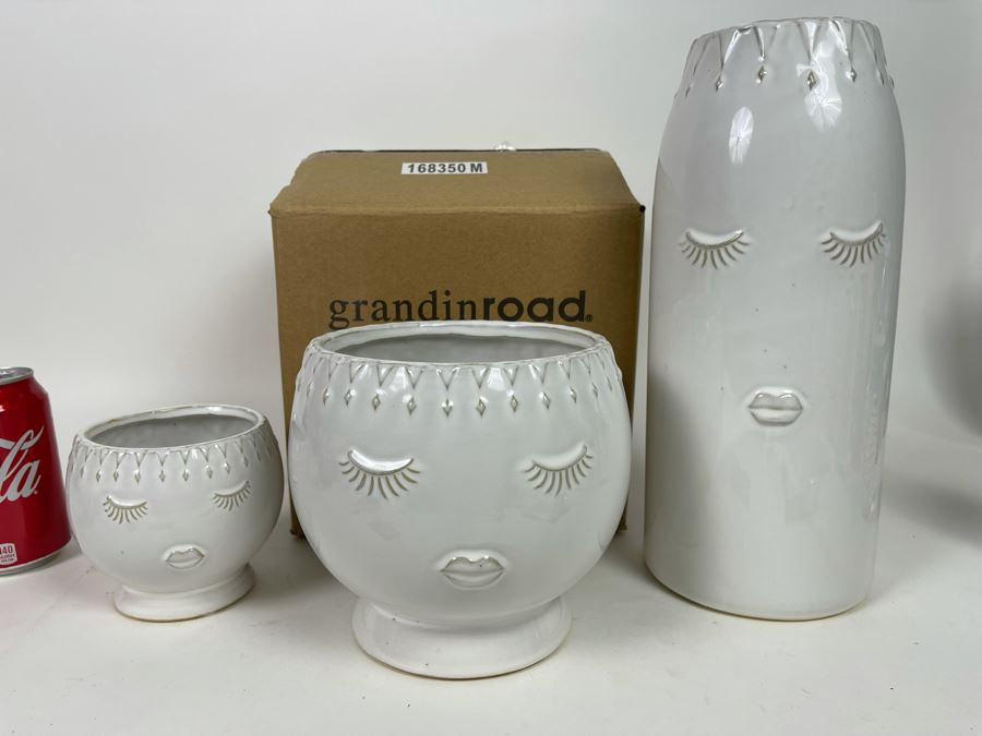 New Set Of Three White Ceramic Face Vases By Grandin Road Tallest Is 12H [Photo 2]