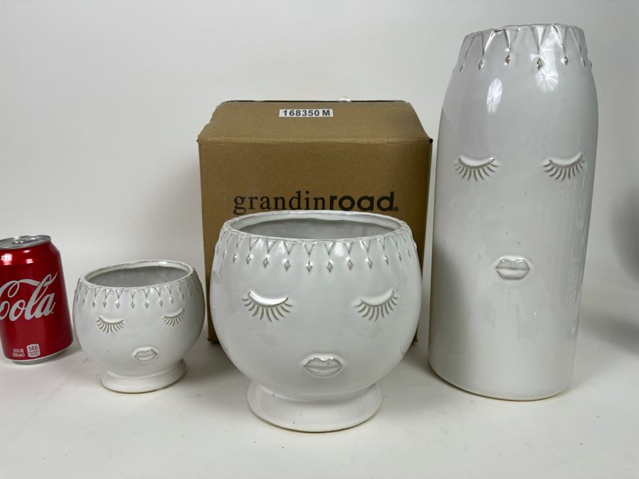 New Set Of Three White Ceramic Face Vases By Grandin Road Tallest Is 12H [Photo 3]