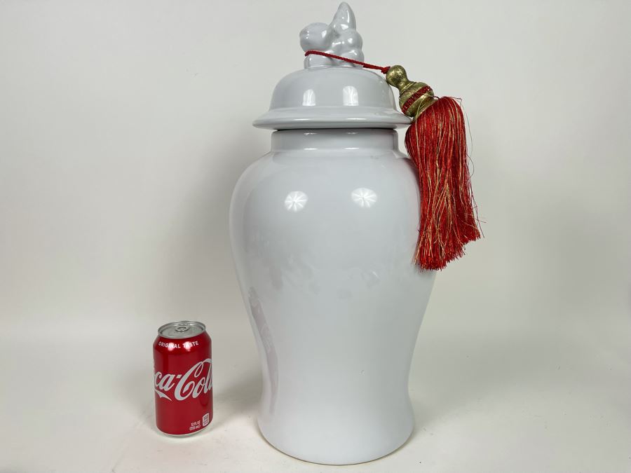 White Decorative Temple Jar With Lid And Tassle 19H Retails $89 [Photo 1]