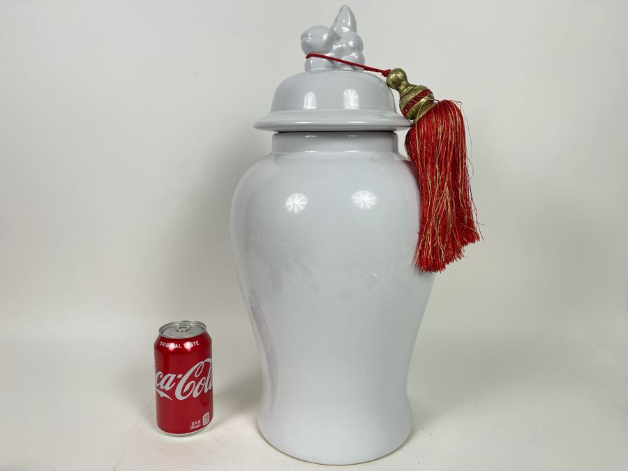 White Decorative Temple Jar With Lid And Tassle 19H Retails $89 [Photo 2]