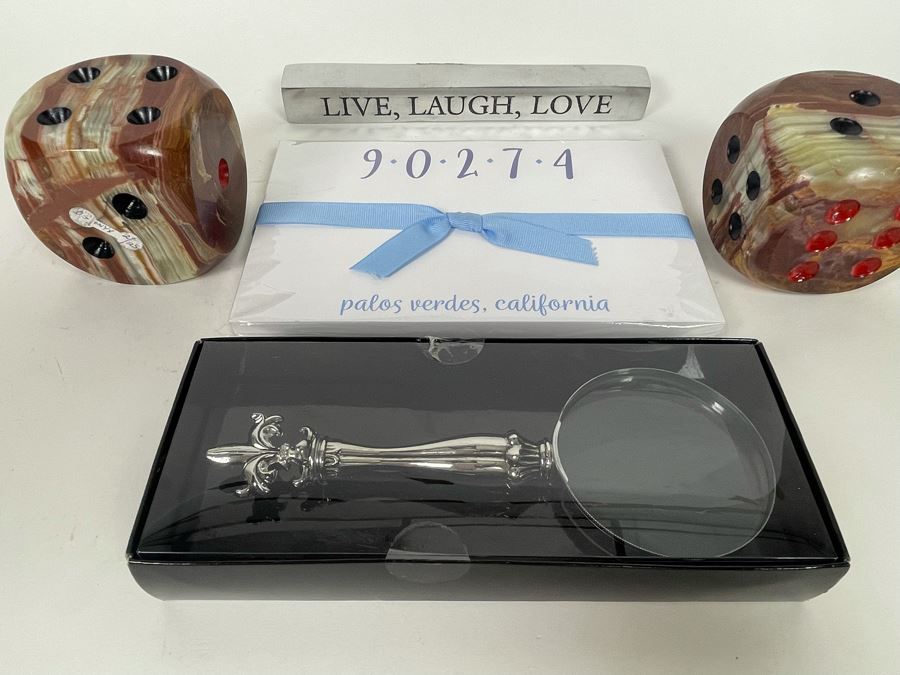 Pair Of Large Onyx Dice, New Magnifying Glass, Live, Laugh, Love Metal Decor And Palos Verdes, CA Paper [Photo 2]