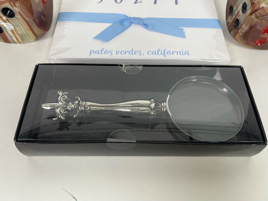 Pair Of Large Onyx Dice, New Magnifying Glass, Live, Laugh, Love Metal Decor And Palos Verdes, CA Paper [Photo 6]