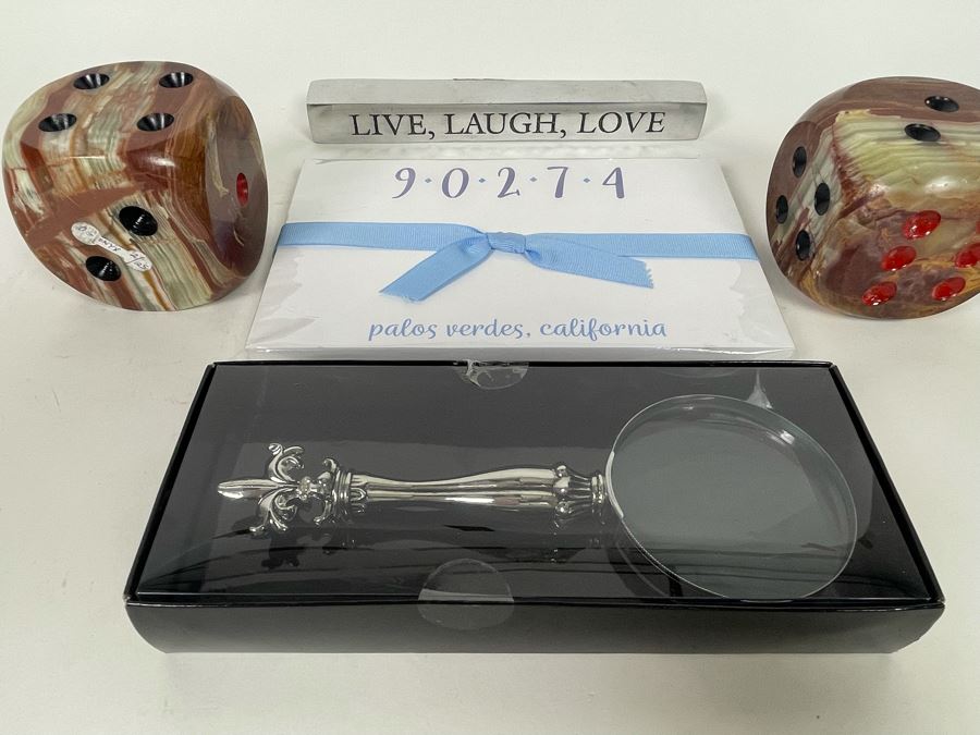 Pair Of Large Onyx Dice, New Magnifying Glass, Live, Laugh, Love Metal Decor And Palos Verdes, CA Paper