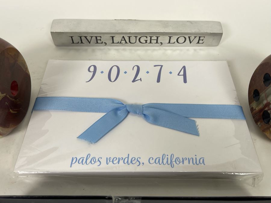 Pair Of Large Onyx Dice, New Magnifying Glass, Live, Laugh, Love Metal Decor And Palos Verdes, CA Paper [Photo 3]