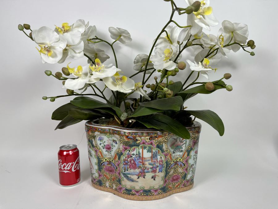Signed Chinese Porcelain Planter With Faux Orchids 13W X 9D X 8H [Photo 3]