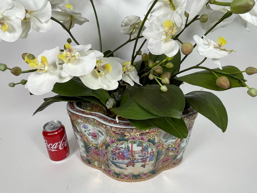 Signed Chinese Porcelain Planter With Faux Orchids 13W X 9D X 8H [Photo 6]
