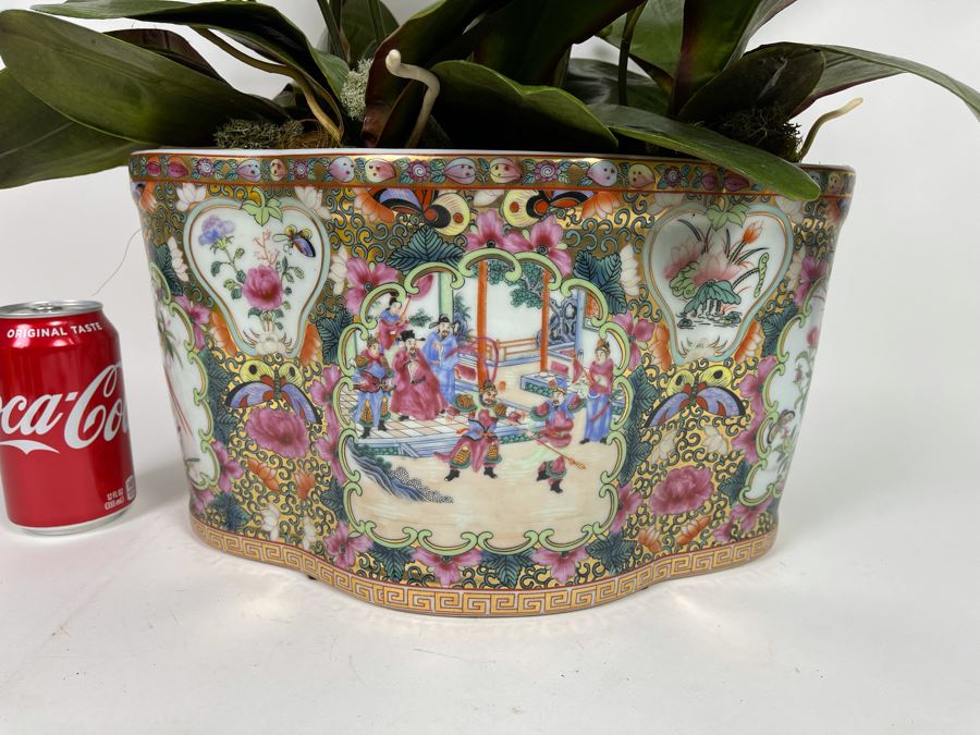 Signed Chinese Porcelain Planter With Faux Orchids 13W X 9D X 8H [Photo 4]