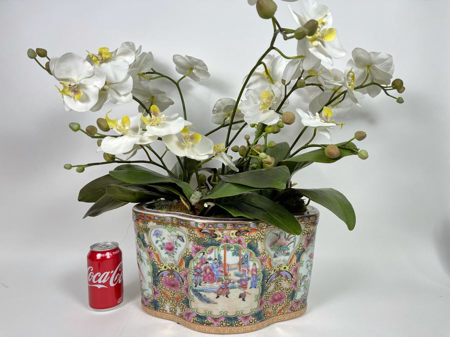 Signed Chinese Porcelain Planter With Faux Orchids 13W X 9D X 8H