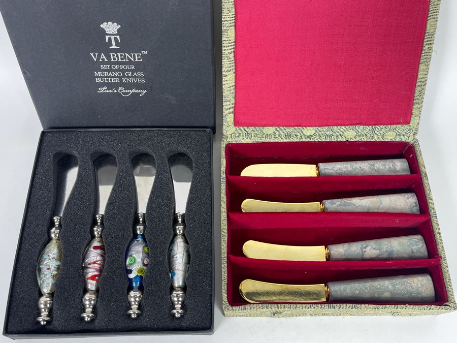 Set Of Four Murano Glass Butter Knives By Va Bene Two's Company And Set Of Four Chinese Marble Handle Butter Knives