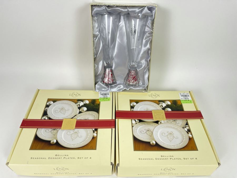 New Pair Of Oleg Cassini Crystal Glitter Champagne Flutes And Two Sets Of Lenox Seasonal Dessert Plates (Total Of 8 Plates) [Photo 2]