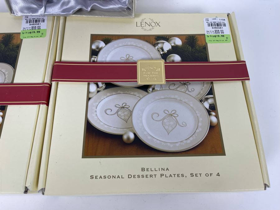 New Pair Of Oleg Cassini Crystal Glitter Champagne Flutes And Two Sets Of Lenox Seasonal Dessert Plates (Total Of 8 Plates) [Photo 5]