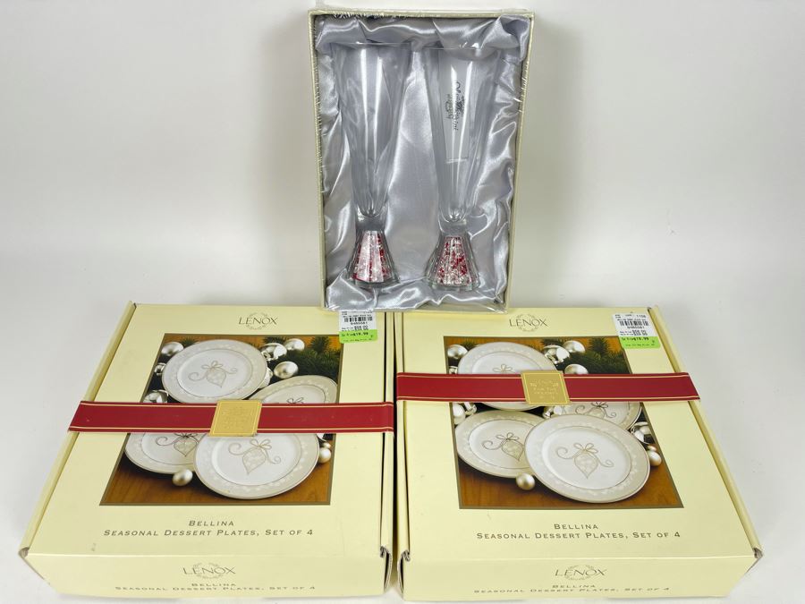 New Pair Of Oleg Cassini Crystal Glitter Champagne Flutes And Two Sets Of Lenox Seasonal Dessert Plates (Total Of 8 Plates)