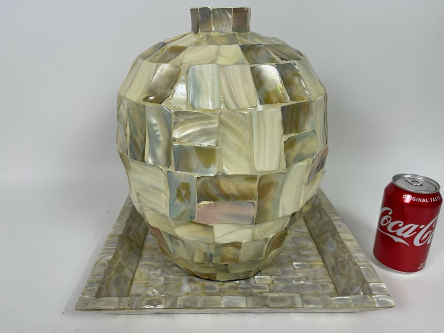 Mother Of Pearl Mosaic Vase 13H And Tray 13 X 11 [Photo 2]