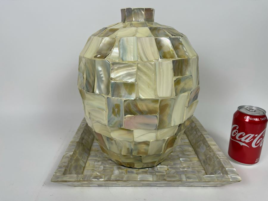 Mother Of Pearl Mosaic Vase 13H And Tray 13 X 11 [Photo 3]