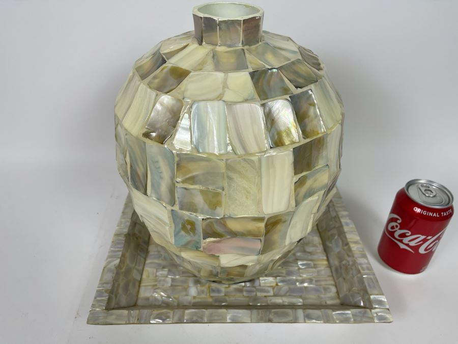 Mother Of Pearl Mosaic Vase 13H And Tray 13 X 11