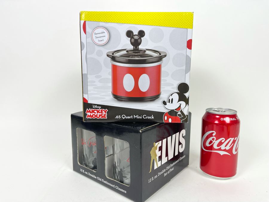 New Mickey Mouse Mini Crock Pot And Set Of Four Elvis Double Old Fashioned Glasses