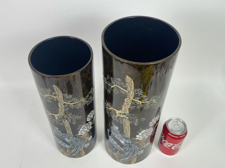 Pair Of Mother Of Pearl Inlay Vases 14H And 16H [Photo 6]
