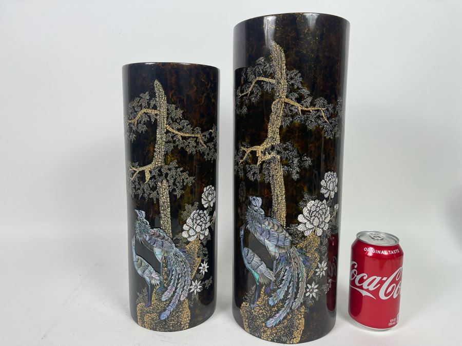 Pair Of Mother Of Pearl Inlay Vases 14H And 16H [Photo 2]