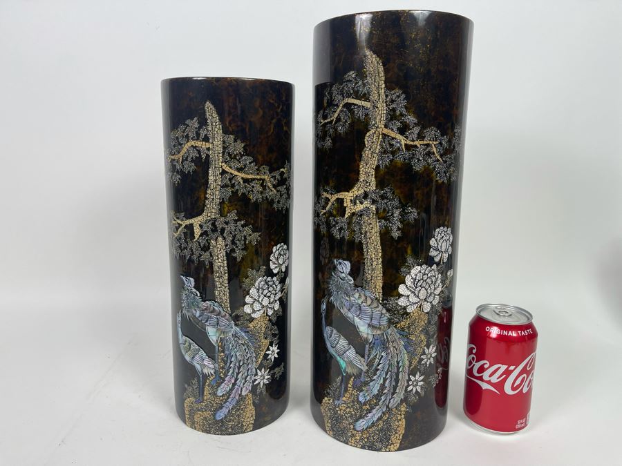 Pair Of Mother Of Pearl Inlay Vases 14H And 16H