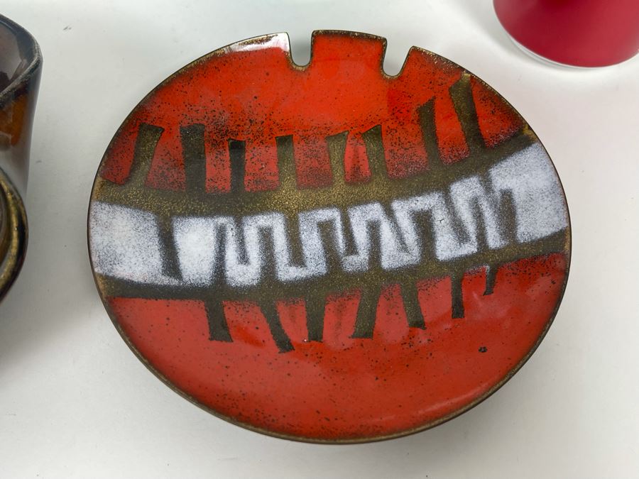 Collection Of Three Pottery Pieces (Two Signed) And Mid-Century Enamel Ashtray [Photo 5]