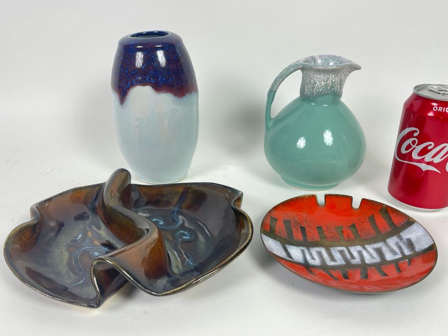 Collection Of Three Pottery Pieces (Two Signed) And Mid-Century Enamel Ashtray