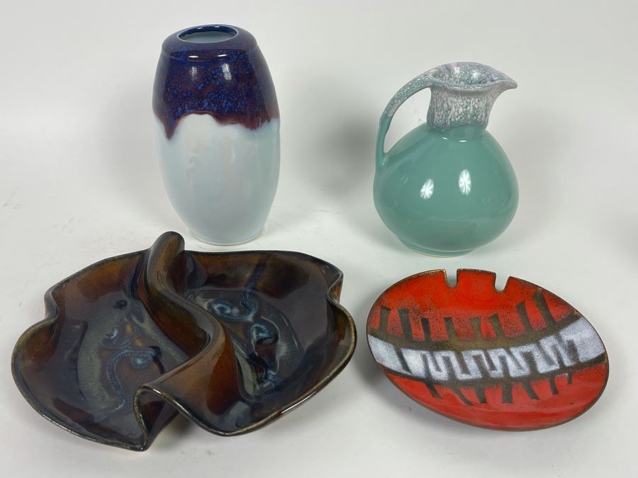 Collection Of Three Pottery Pieces (Two Signed) And Mid-Century Enamel Ashtray [Photo 2]
