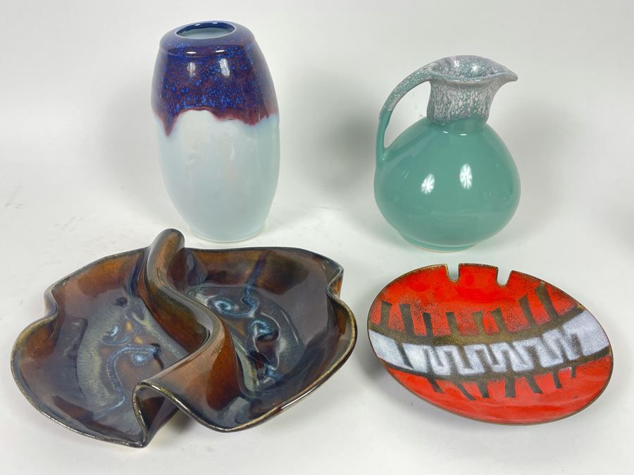 Collection Of Three Pottery Pieces (Two Signed) And Mid-Century Enamel Ashtray [Photo 3]