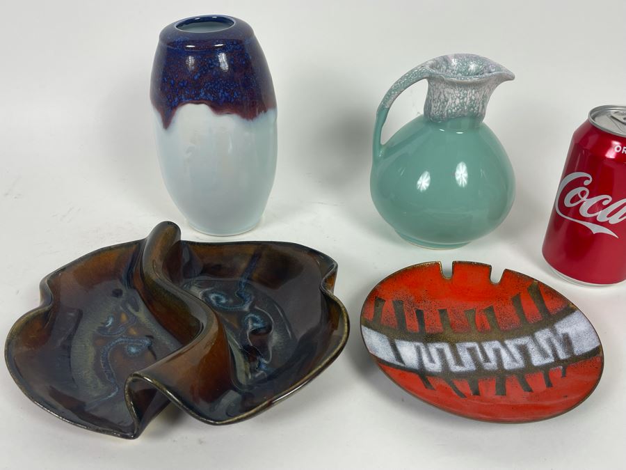 Collection Of Three Pottery Pieces (Two Signed) And Mid-Century Enamel Ashtray [Photo 4]