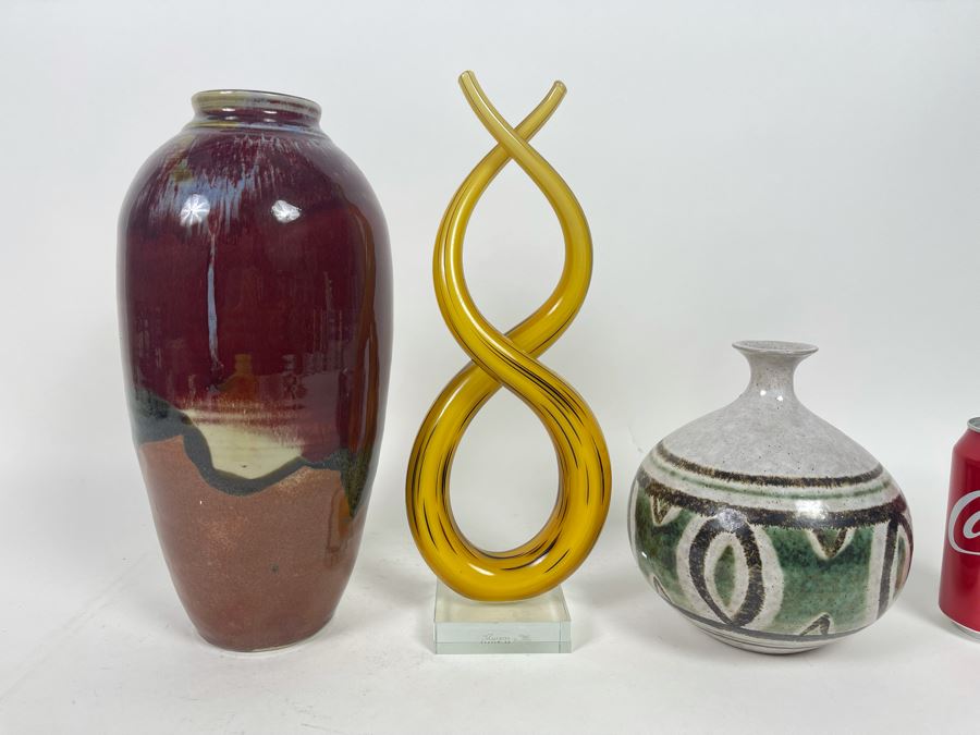 Pair Of Pottery Vases And Glass Sculpture 12.5H
