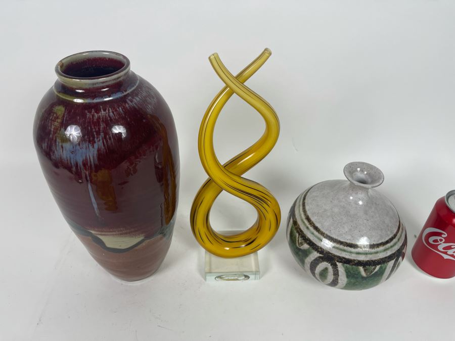Pair Of Pottery Vases And Glass Sculpture 12.5H [Photo 3]