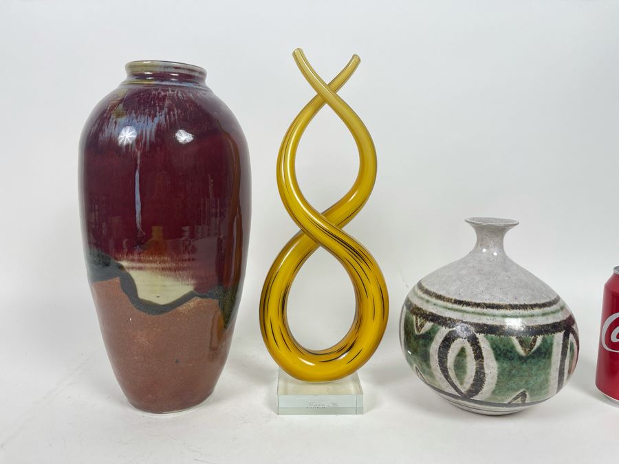 Pair Of Pottery Vases And Glass Sculpture 12.5H [Photo 2]
