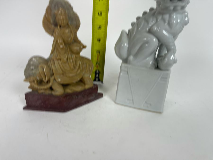 Carved Soapstone Sculpture (Elephant's Tusks Are Chipped) 7.5H And White Ceramic Foo Dog Sculpture 9.5H [Photo 17]
