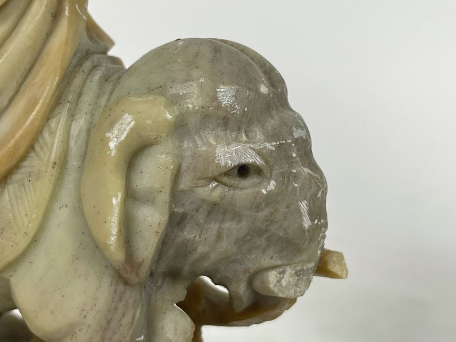 Carved Soapstone Sculpture (Elephant's Tusks Are Chipped) 7.5H And White Ceramic Foo Dog Sculpture 9.5H [Photo 9]
