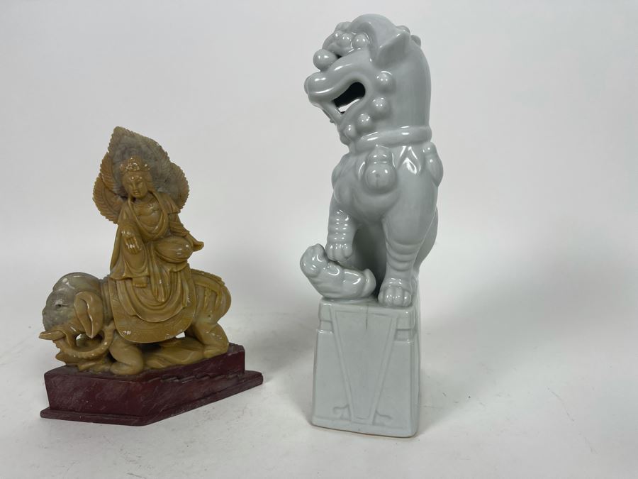 Carved Soapstone Sculpture (Elephant's Tusks Are Chipped) 7.5H And White Ceramic Foo Dog Sculpture 9.5H [Photo 13]