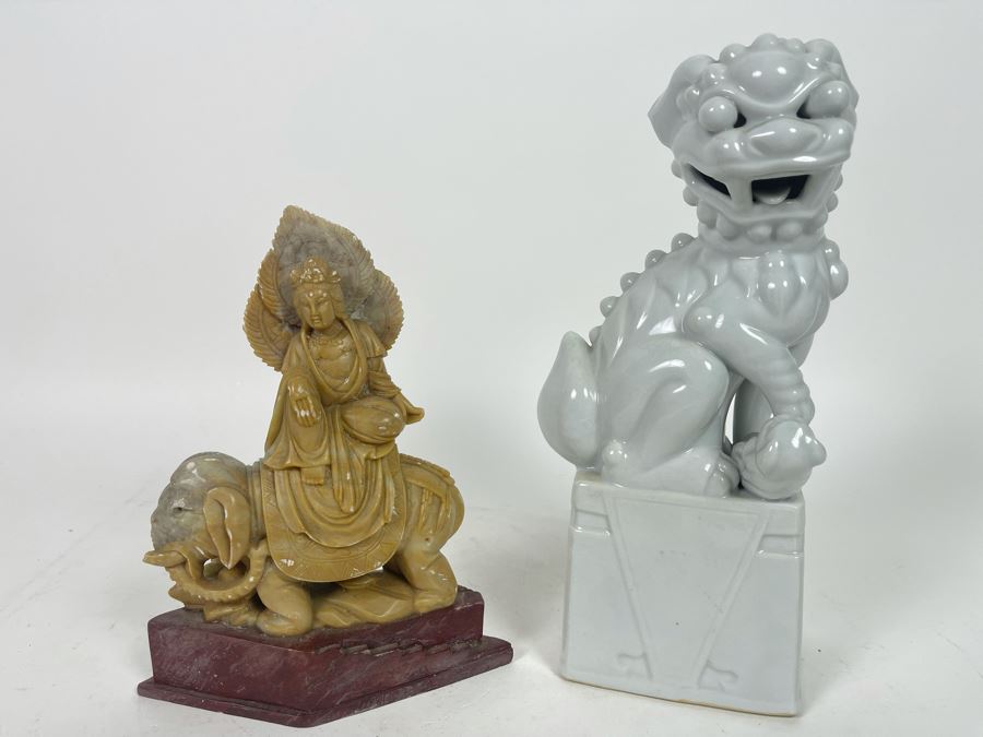 Carved Soapstone Sculpture (Elephant's Tusks Are Chipped) 7.5H And White Ceramic Foo Dog Sculpture 9.5H [Photo 1]