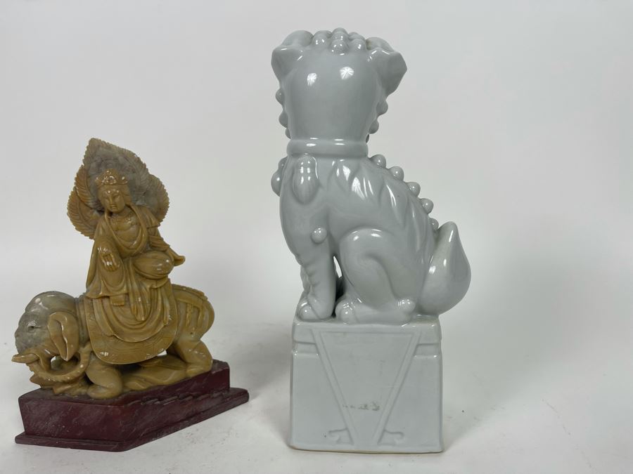 Carved Soapstone Sculpture (Elephant's Tusks Are Chipped) 7.5H And White Ceramic Foo Dog Sculpture 9.5H [Photo 14]