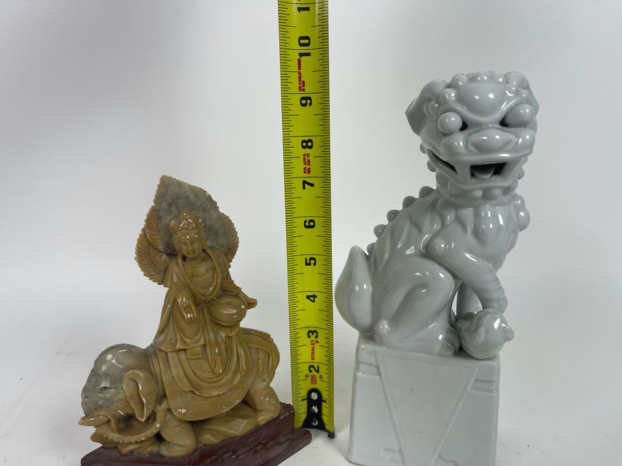 Carved Soapstone Sculpture (Elephant's Tusks Are Chipped) 7.5H And White Ceramic Foo Dog Sculpture 9.5H [Photo 16]