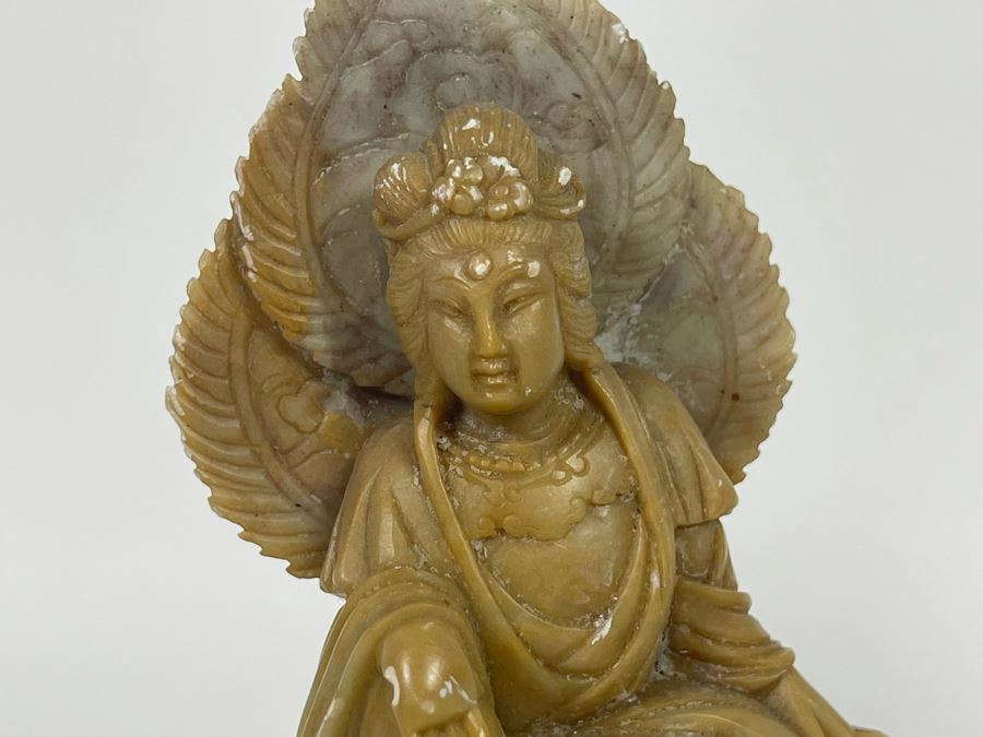 Carved Soapstone Sculpture (Elephant's Tusks Are Chipped) 7.5H And White Ceramic Foo Dog Sculpture 9.5H [Photo 6]