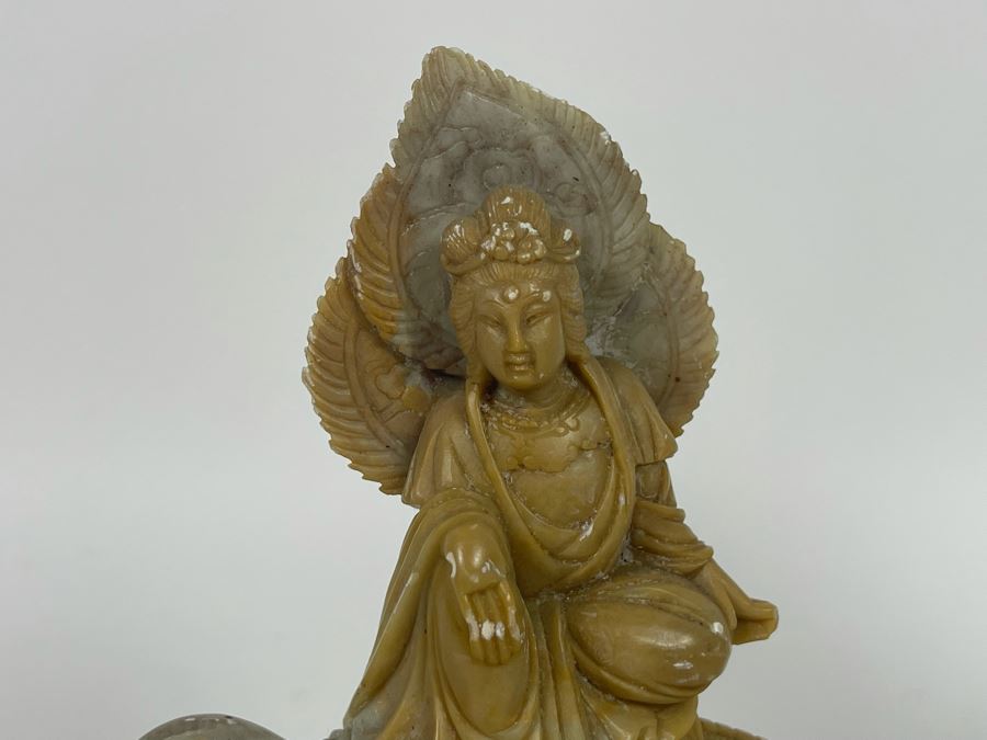 Carved Soapstone Sculpture (Elephant's Tusks Are Chipped) 7.5H And White Ceramic Foo Dog Sculpture 9.5H [Photo 5]