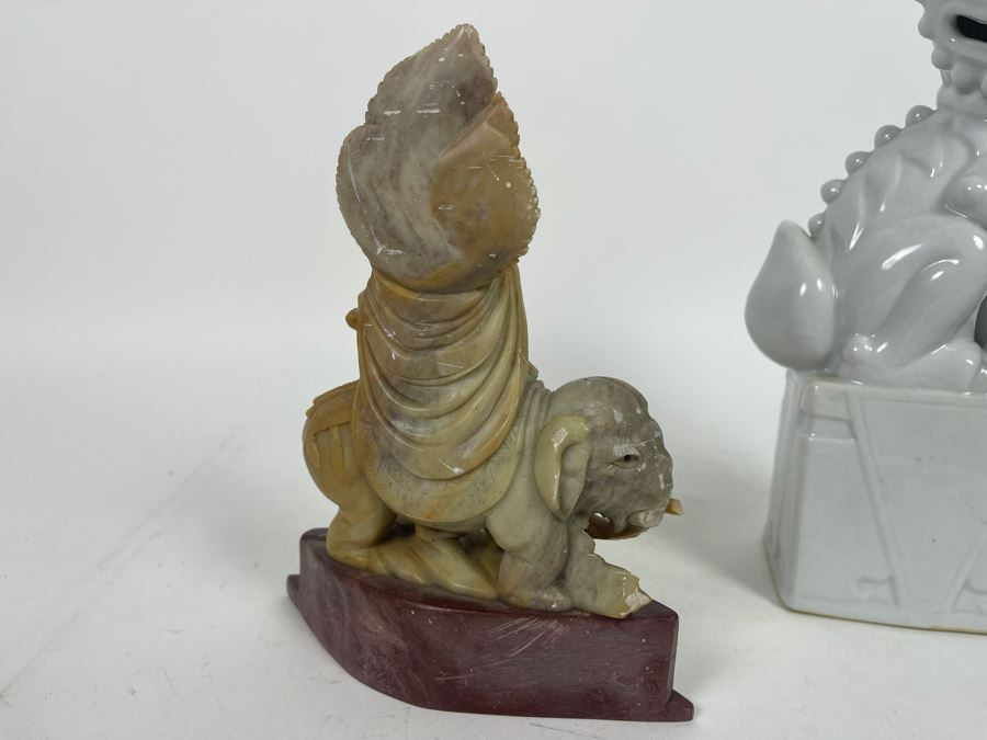 Carved Soapstone Sculpture (Elephant's Tusks Are Chipped) 7.5H And White Ceramic Foo Dog Sculpture 9.5H [Photo 10]