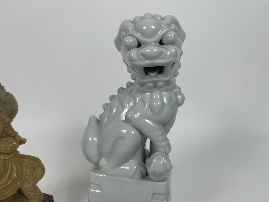 Carved Soapstone Sculpture (Elephant's Tusks Are Chipped) 7.5H And White Ceramic Foo Dog Sculpture 9.5H [Photo 12]