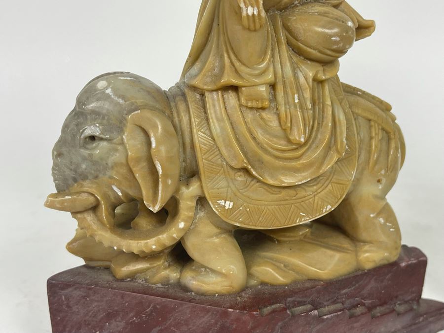 Carved Soapstone Sculpture (Elephant's Tusks Are Chipped) 7.5H And White Ceramic Foo Dog Sculpture 9.5H [Photo 4]