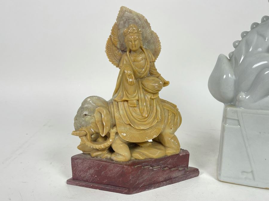 Carved Soapstone Sculpture (Elephant's Tusks Are Chipped) 7.5H And White Ceramic Foo Dog Sculpture 9.5H [Photo 3]