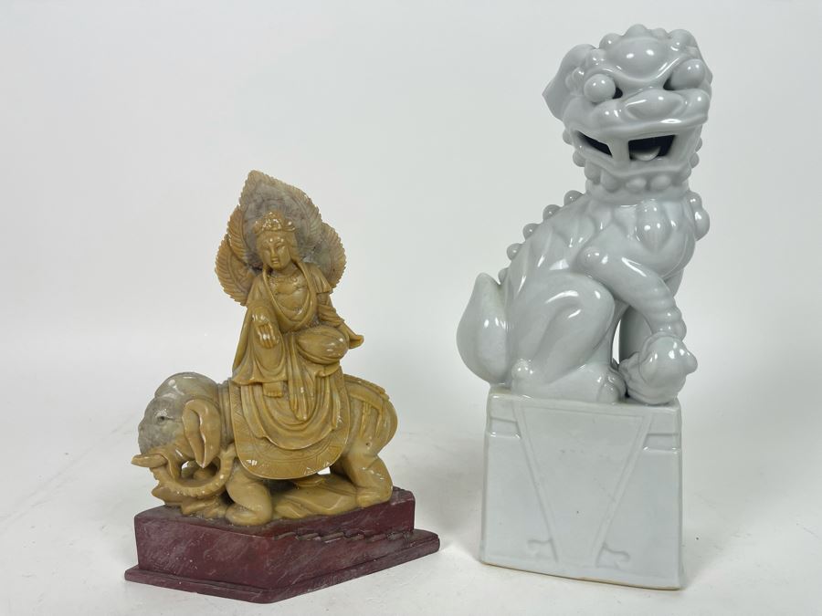 Carved Soapstone Sculpture (Elephant's Tusks Are Chipped) 7.5H And White Ceramic Foo Dog Sculpture 9.5H [Photo 2]